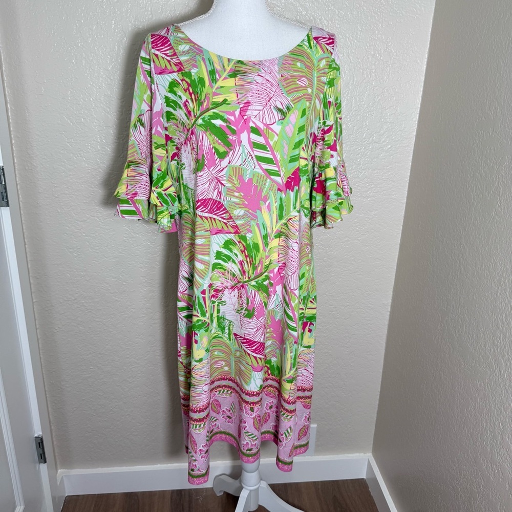 Pappagallo Erika Flutter Sleeve Tropical Oasis Shift Dress Size XL Resort Preppy